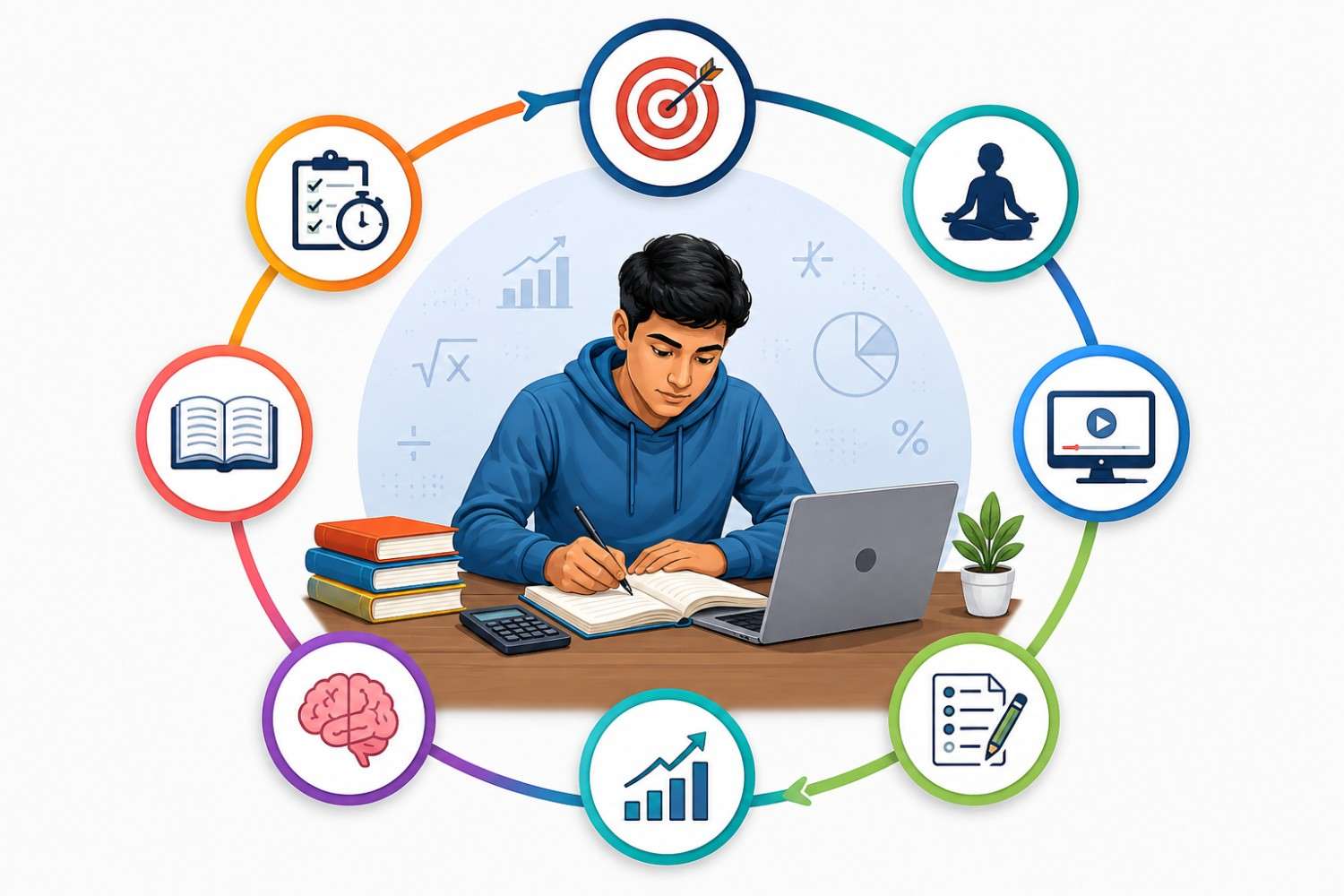 Indian student preparing for GMAT arithmetic with books, calculator, laptop, study notes, and visual icons representing practice, time management, learning, and progress.